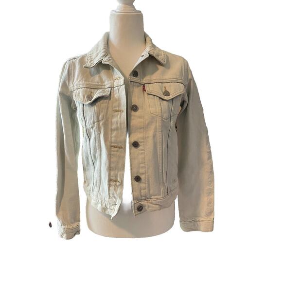 Levi's Women Jacket Sz Small Light Faded Blue Trucker Denim Embroidery Sleeves - Picture 1 of 9